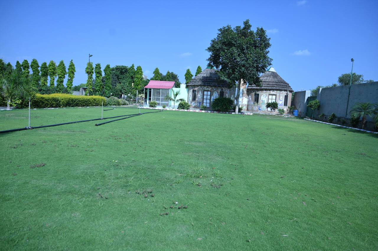 Green lawn bordered by trees with decorative hut-style buildings in the background.